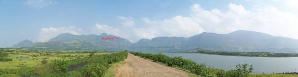 Harischandragad on left, Tolar Khind in centre and Karki Dongar on right along with Pimpalgao Joge Dam